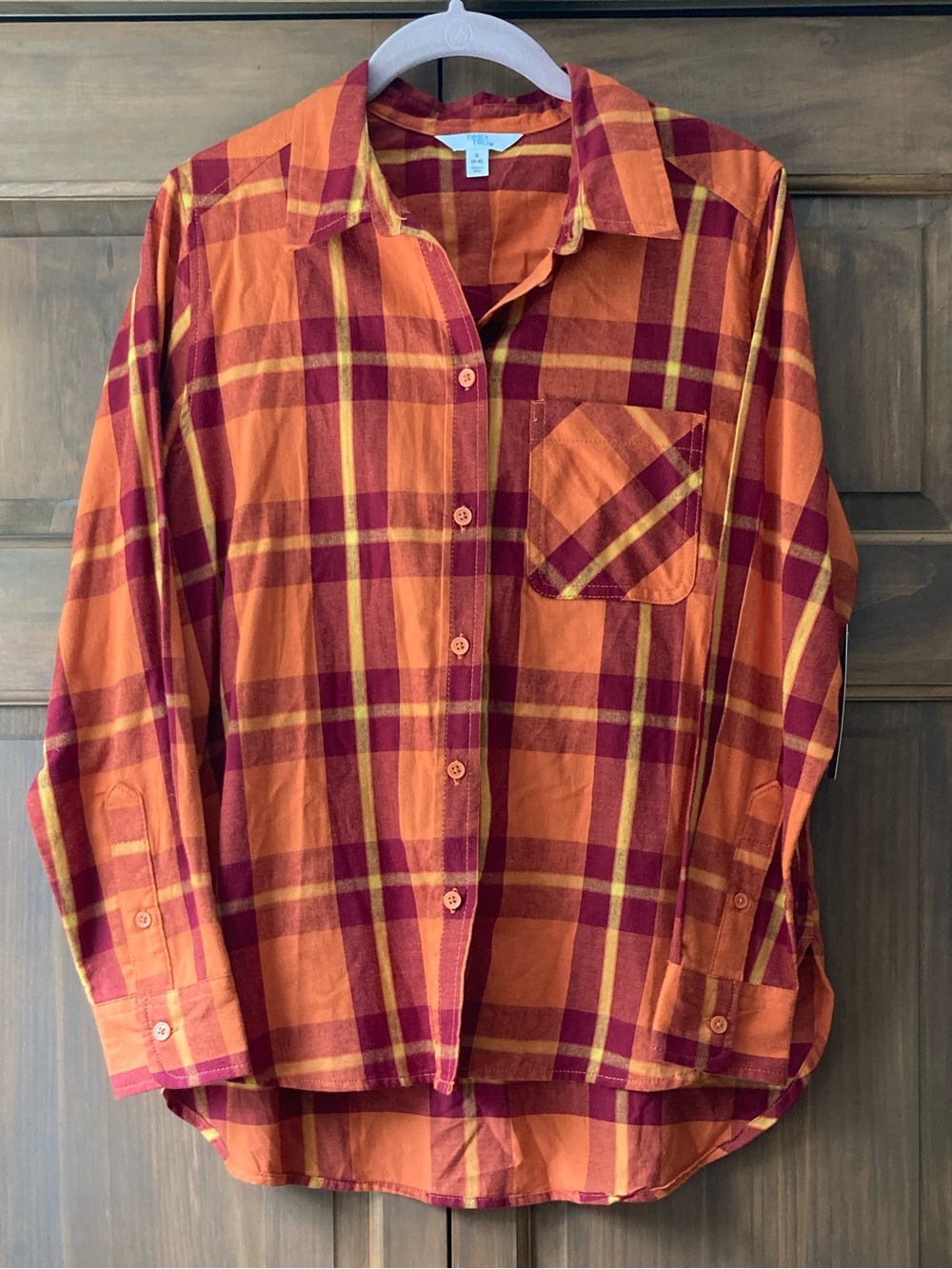 NWT Time and Tru Orange & Red Plaid Flannel LS Button-up Small (4-6)
